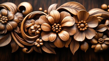A detailed close-up of intricate wooden carvings featuring ornate swirls and floral motifs.