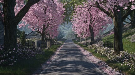 Serene Country Road Surrounded by Blooming Cherry Blossom Trees in Springtime