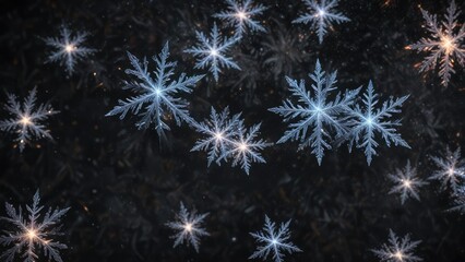 Glittering snowflakes in a swirling motion on black , festive atmosphere, swirling snowflakes