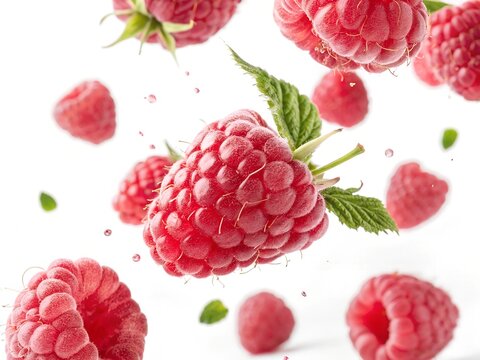  Red raspberries with green leaf isolate on white background.