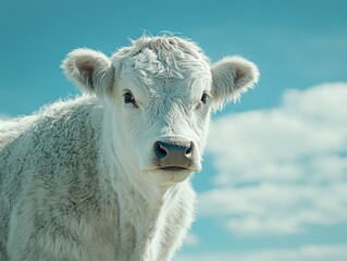 Close-Up of a White Calf Against a Bright Blue Sky with Soft Clouds, Capturing the Innocence and Natural Beauty of Farm Life in a Serene Environment
