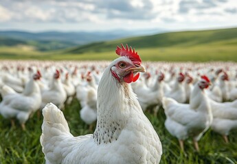 Fototapeta premium Close-Up of a White Chicken in a Lush Green Field Surrounded by Flock, Capturing the Essence of Farm Life and Poultry Farming in Nature's Splendor