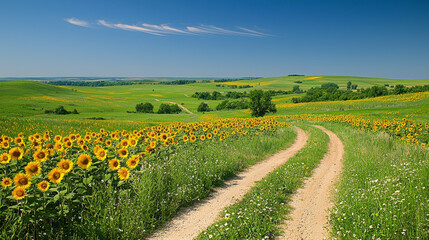Sunflowers bloom along a winding dirt road, leading to a verdant, rolling landscape under a clear blue sky.