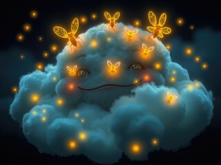 Obraz premium Glowing fireflies lighting up a cloudy creature's face, tree branches, peaceful