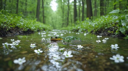 Naklejka premium Small boat floats on forest stream, white flowers. Nature scene, calm water, lush green background. Use Relaxation, serenity