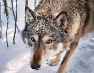 Obraz premium Eurasian wolf walking in snowy forest looking down