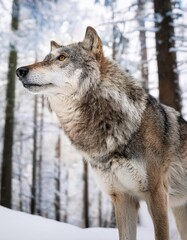 Obraz premium Majestic wolf observing snowy winter forest landscape
