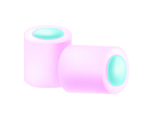 Two cylindrical marshmallows in soft purple and turquoise tones with a fluffy appearance. Sweet tasty dessert, sugar food. Vector illustration isolated on white background