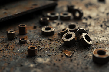 Close-up view of scattered rusty nuts and bolts on a weathered workbench, showcasing industrial decay