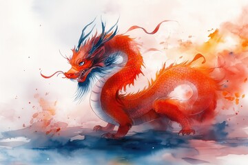 Lunar New Year Dragon Watercolor Illustration Art on Abstract Background