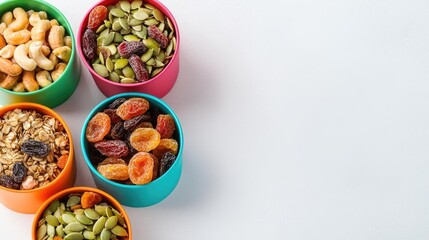 Immune boosting foods concept. Colorful containers filled with various nuts and dried fruits on a white background.