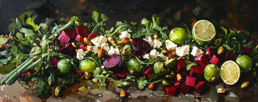Colorful salad with beets, brussels sprouts, arugula, and lime in oil painting style
