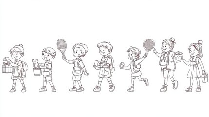 Naklejka premium Linear vector isolated illustration set of kids and travel characters. Happy family traveling, dancing children, child in a medical mask, give a gift, cook food, have fun at the party, play tennis.