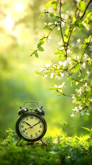 Springtime alarm clock in blooming garden