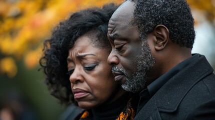 In a tranquil park filled with vibrant autumn foliage, a couple stands closely together, expressing emotion and connection. Their faces reflect tenderness and understanding amidst the seasonal beauty