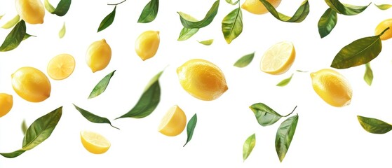 Obraz premium A composition of lemons and leaves on a white background, emphasizing freshness and nature.