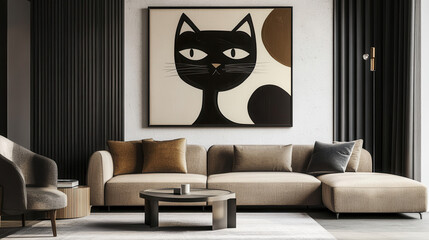 Modern Cat Art:  A minimalist black cat painting on a canvas hangs on the wall in a contemporary living room, featuring a beige sectional sofa with throw pillows, a coffee table, and a sleek armchair.