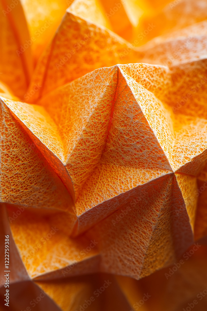 Poster Close-up of intricately crumpled orange paper with sharp folds and creases, texture and detail