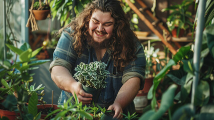 Fototapeta premium Man with long hair is holding a plant in his hand