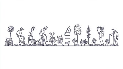 Fototapeta premium Linear vector isolated illustration set of agricultural working people tending garden. Weed control, dandelion removal, lawn mowing and repair service, growing and water vegetables, garden maintenanc