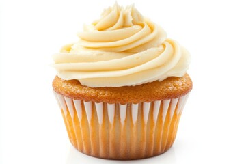 Delightful vanilla cupcake with creamy frosting on clean white background showcasing perfect studio lighting and fine details