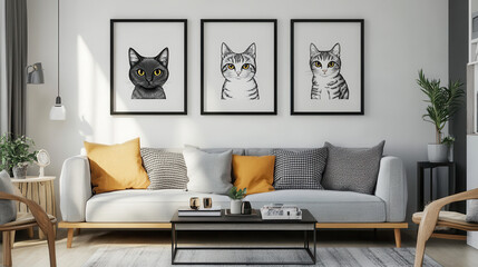 Cozy Living Room with Cat Portraits: Three stylish black and white cat portraits adorn a minimalist living room, adding a touch of elegance and pet-lover charm to the modern space.
