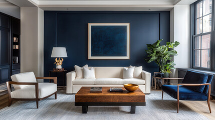 Sophisticated Living Room: A minimalist and stylish living room bathed in soft light with a contemporary sofa, comfortable armchairs, a sleek wooden coffee table.