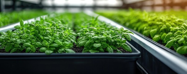 Small-scale farming gardening idea. Green basil plants growing in a greenhouse under soft sunlight, showcasing freshness and growth.