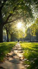 Fototapeta premium Sunlit park path, person walking, London, autumn