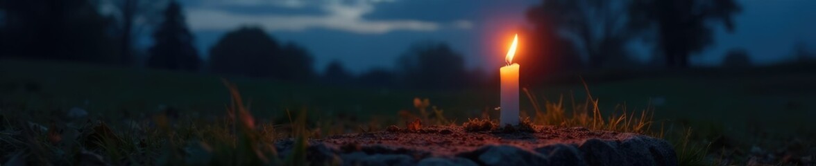 A single burning candle on a grave site at dusk, moonlight, shadows, darkness