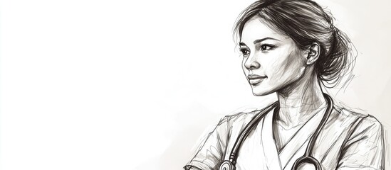 Celebrating International Nurses Day with a monochrome sketch of a nurse on a clean white backdrop showcasing the joy and essence of nursing