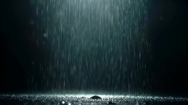 Rain falling down on dark background. Dramatic footage. Steady shot. Natural weather. Overlay for design or cinema, with copy space.