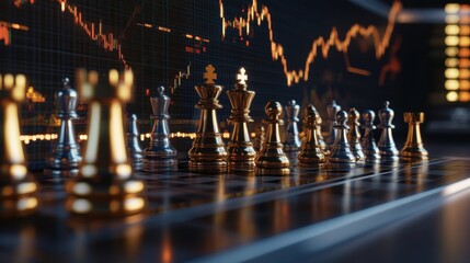 Business strategy and investment concept with golden and silver chessmen on dark surface and perspective view on digital financial chart with stock market indicators and candlestick. 3D rendering ill