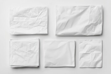 A collection of crumpled and flat white paper sheets arranged on a light background.