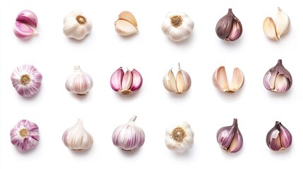 A variety of garlic bulbs and cloves arranged aesthetically on a white background.