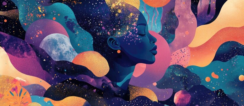 Psychedelic portrait featuring a dark-skinned woman's silhouette against a vibrant kaleidoscope of colors including deep blues, purples, and warm oranges.