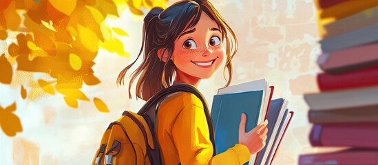 Cheerful girl student in a yellow sweater and backpack holding textbooks smiles against a warm autumn backdrop with colorful leaves and books.