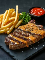 grilled salmon steak with fries