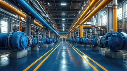 Fototapeta premium A wide-angle view of an industrial facility featuring large white tanks and extensive piping systems.