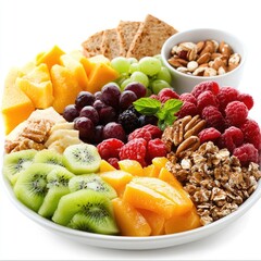 Colorful fruit and nut platter; healthy snack; white background; breakfast