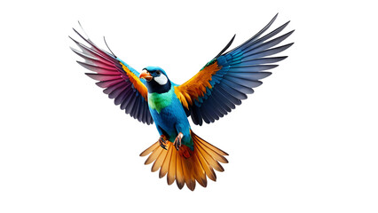 Fototapeta premium Vibrant blue and orange parrot in flight, isolated on white background. Perfect for illustrations, designs, and branding projects needing a tropical feel.