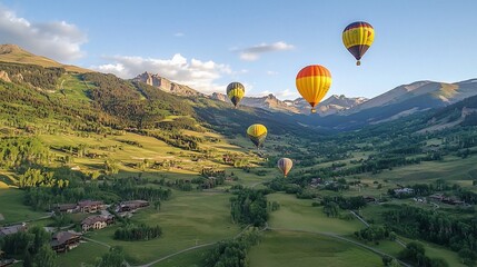 Naklejka premium Colorful hot air balloons soaring over a picturesque valley during sunset, with serene mountains in the background