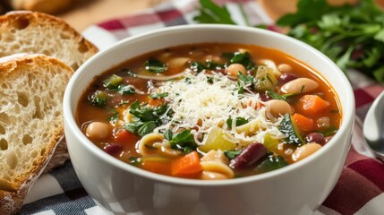 A bowl of traditional Italian minestrone soup with vegetables, beans, and pasta