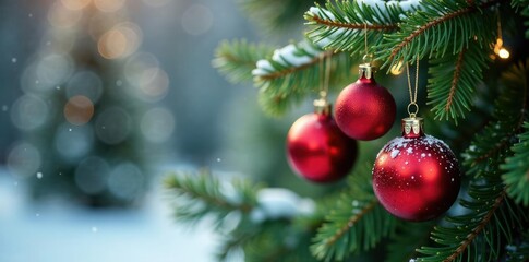 Festive Christmas ornaments on a evergreen branch, natural, winter