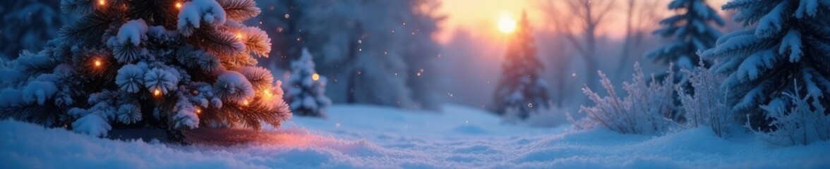 Frosty morning scene with Christmas tree lights and snow-covered ground, peaceful ambiance, frosty landscape