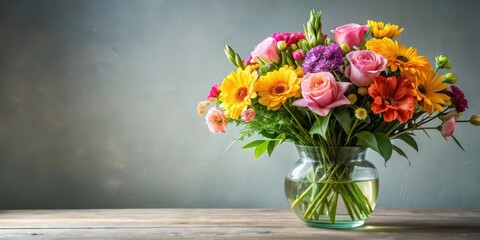 Fototapeta premium Colorful arrangement of fresh flowers in a vase with stems and foliage, bouquet, garden, bouquet, garden, color