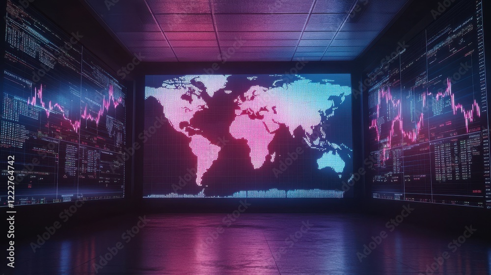 Poster global stock market concept with digital glowing screen with world map scheme, diagram and financial