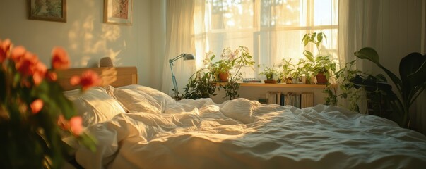 Cozy sunlit bedroom with indoor plants and soft white bedding in morning light