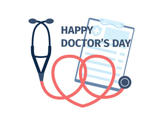 Doctors day congratulations banner. Stethoscope and patient medical card or check up list. International hospital workers fest, vector isolated sticker