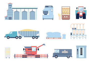 Bread production. Breadmaking factory equipment, fresh pastry and different breads baking. Agriculture processing, from field to shop, recent vector set